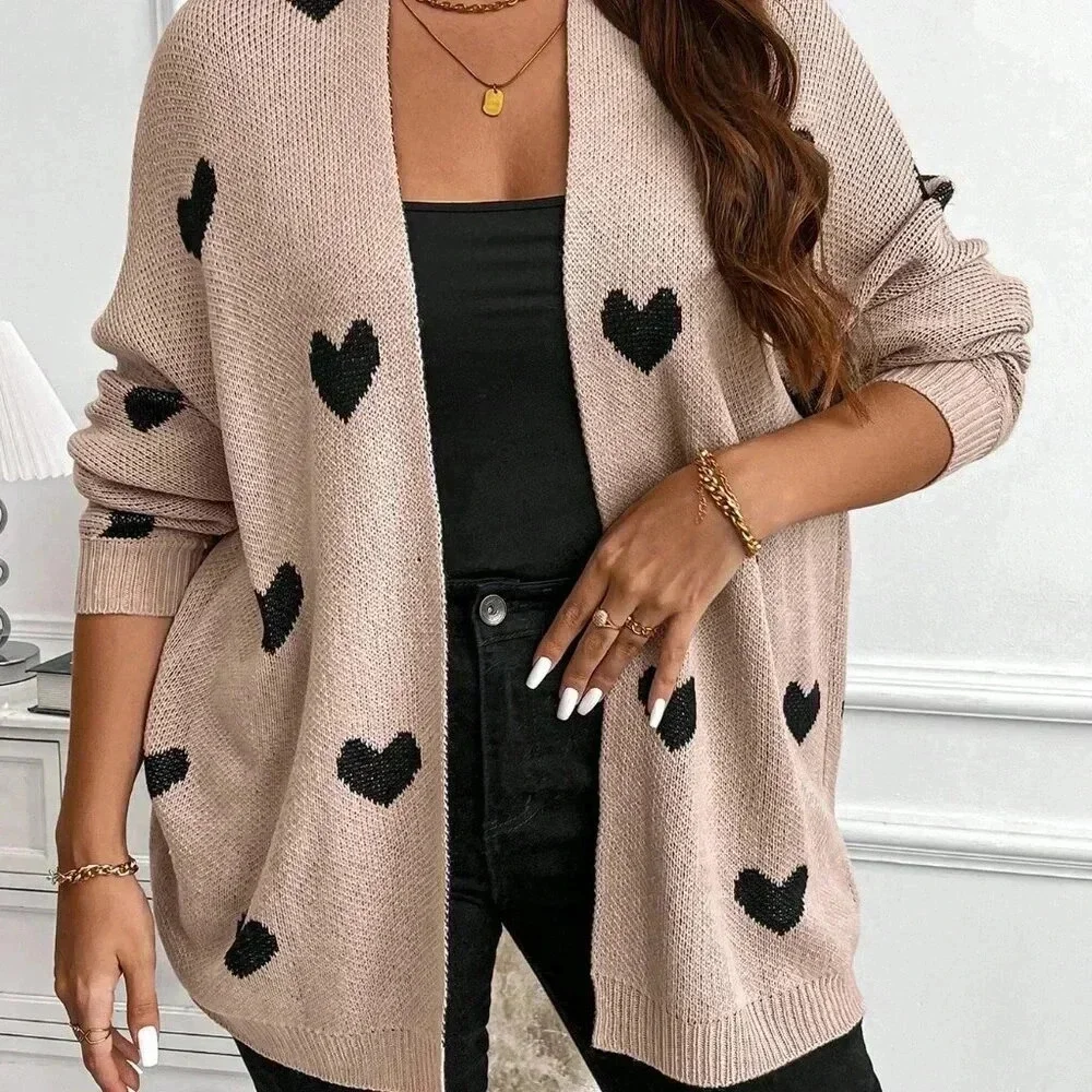 Coffee Brown Casual Women's Plus Size Heart Print Knitted Loose Cardigan
